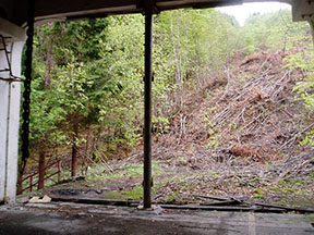 Pohľad z dolnej stanice na trasu lanovky. Jej priesek bol vtedy čerstvo uvoľnený od náletových a iných drevín. /foto: Andrej Bisták 2.5.2004/