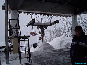 Počas poslednej zimy martinskej lanovky príroda snehom nešetrila, a tak sa pri hornej stanici musel vykopávať koridor, aby mohli vozne prechádzať. /foto: Andrej Bisták 25.2.2005/