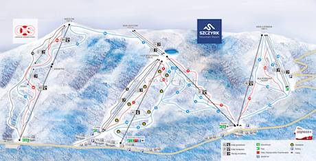 Mapka zjazdoviek Szczyrk Mountain Resort a Centralny Ośrodek Sportu (COS) v zimnej sezóne 2017/2018