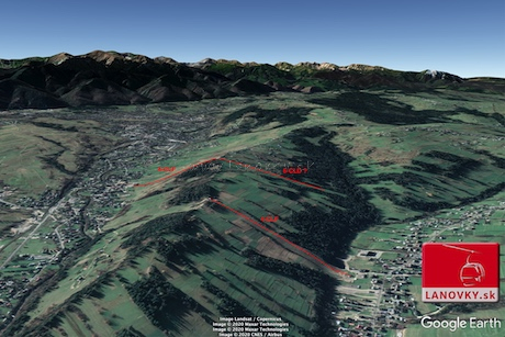 Projekt prepojenia stredísk Zakopané – Harenda a Ski Suche prostredníctvom odpojiteľnej 6-sedačky. Zdroj mapového podkladu: Google Earth.